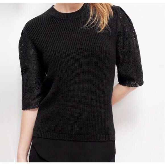 Ann Taylor Black Wool Blend Sweater Short Lace Sleeves Size M Sheer Bottom Hem - Picture 2 of 9